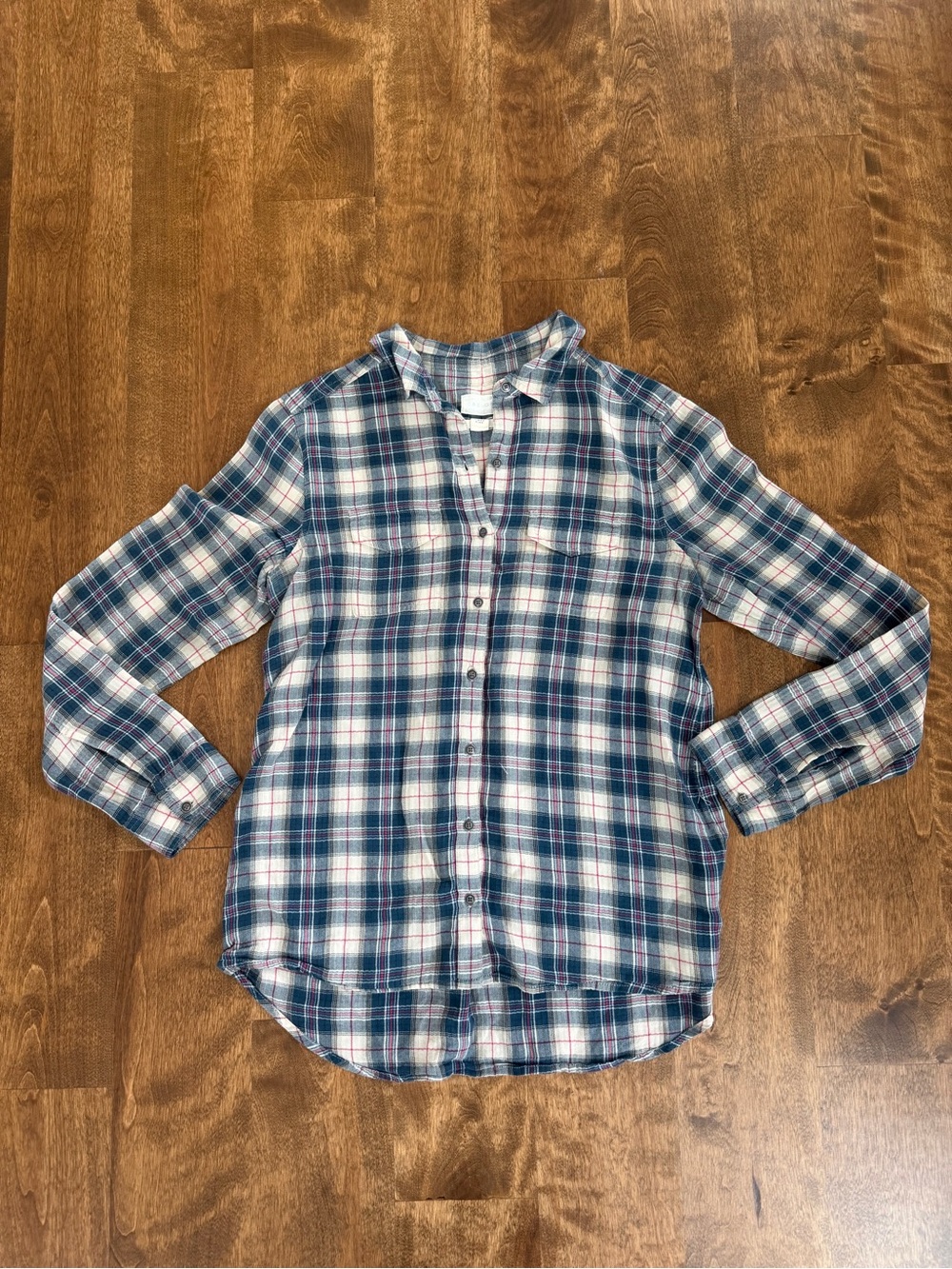 Caslon Blue Cream Plaid Button-Down Shirt Long Sleeve Size XS